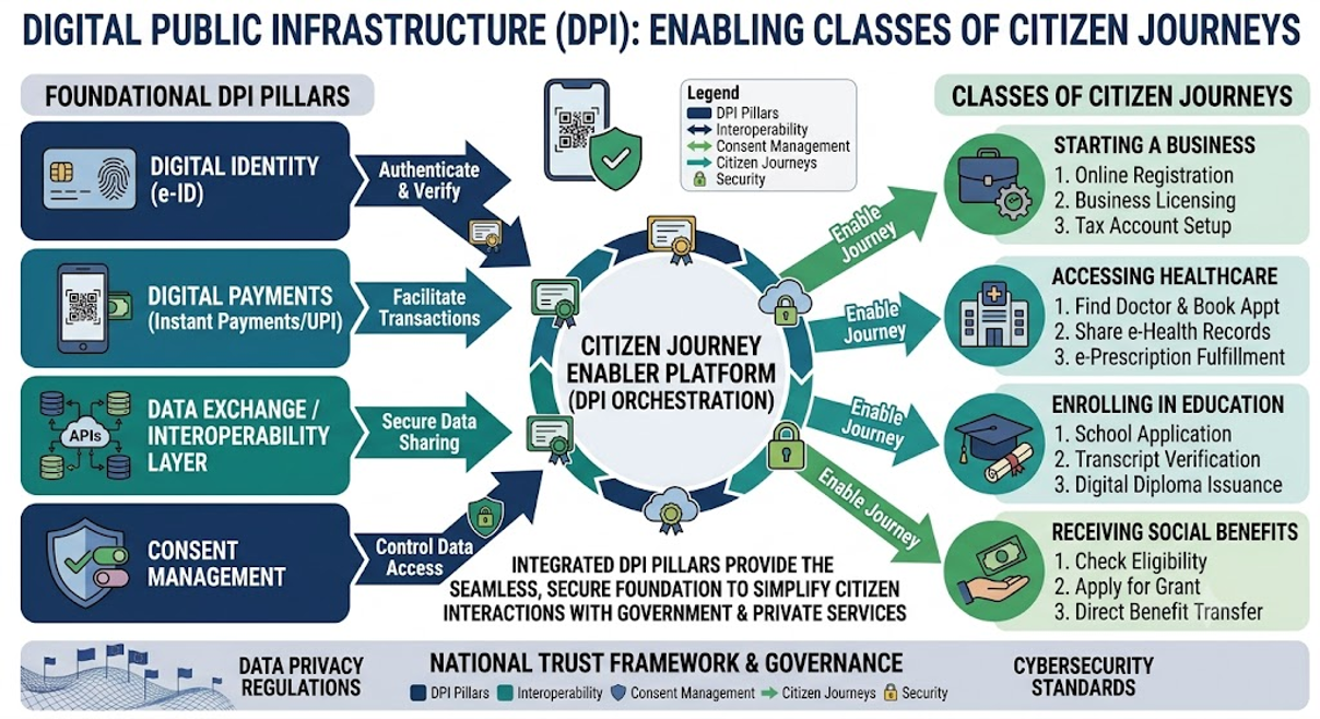 Diagram of digital public infrastructure: identity, payments, data exchange and consent pillars enabling citizen journeys such as starting a business or accessing healthcare