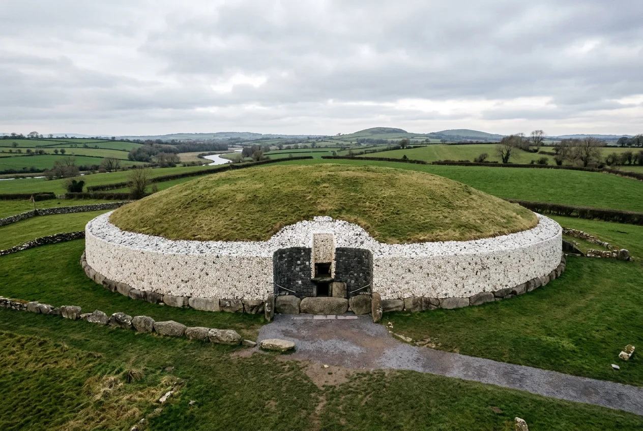The Newgrange passage tomb, a great grass-topped mound with a white quartz facade and carved entrance stone, in the green fields of the Boyne Valley.