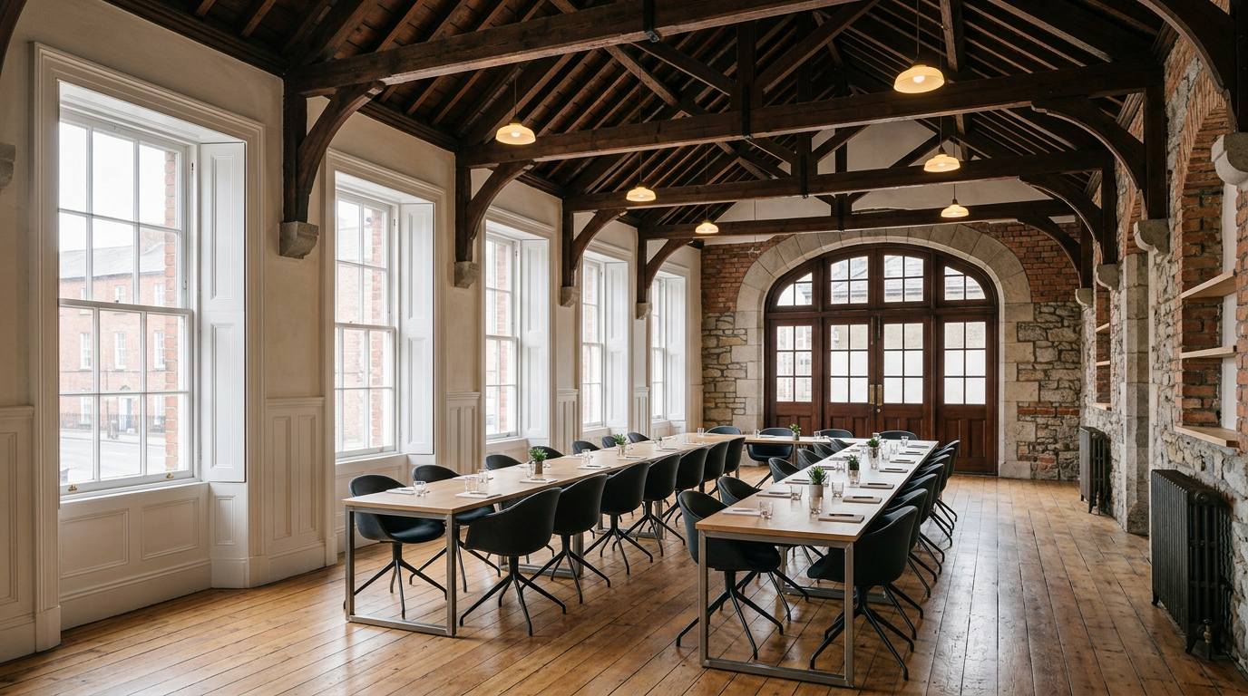 Timber-beamed workroom with tall sash windows and oak floors inside the Civic Offices